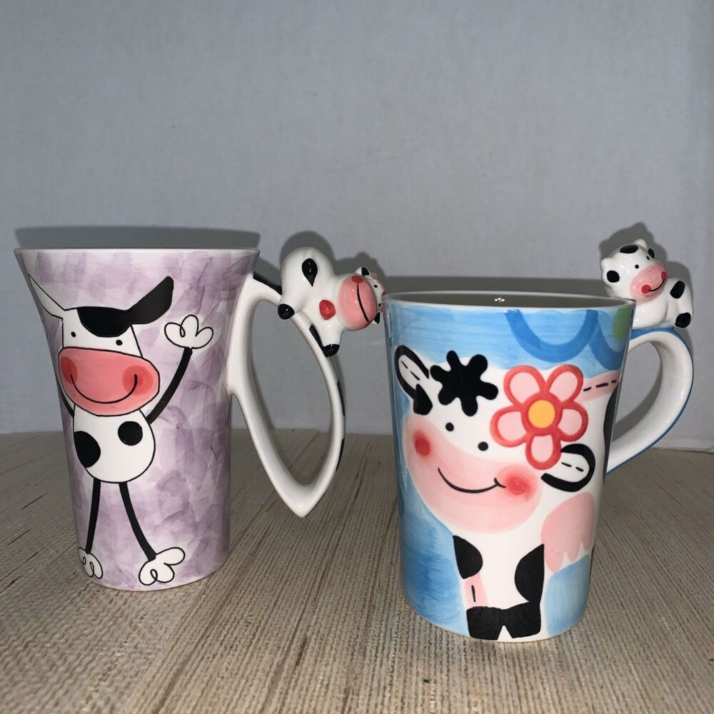 Indra Hand Painted Thailand Fine Stoneware Whimsical 3D Cow Handle Mugs